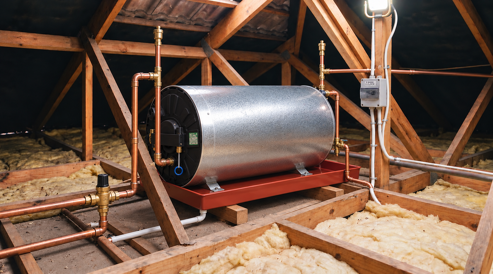 Horizontal silver electric geyser with copper pipework in a timber attic